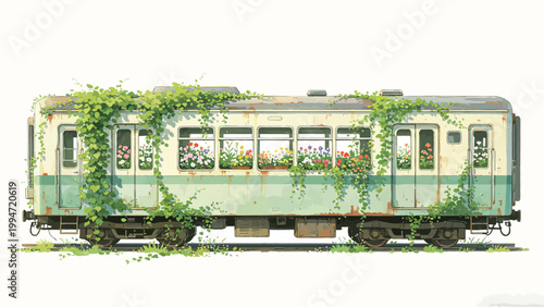 Watercolor Illustration of an Abandoned Vintage Passenger Train Car Covered in Lush Green Ivy and Blooming Wildflowers, Rustic Whimsical Nature Reclaimed Artwork on Clean White Background