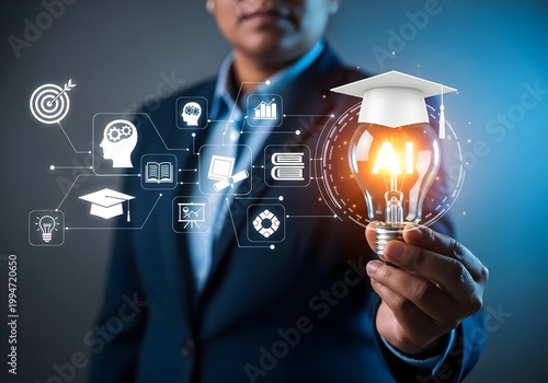 Businessman holding AI light bulb with graduation cap icon, representing artificial intelligence in education, smart learning systems,Education & Technology,  online courses, digital transformation