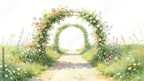 Watercolor Painting of Blooming Wildflower Covered Archways Along a Dirt Path, Idyllic Summer Country Garden Landscape With Mixed Wildflowers