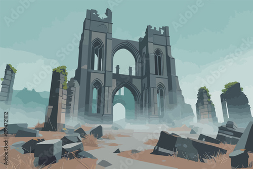 Ancient Ruined Gothic Cathedral in Misty Landscape