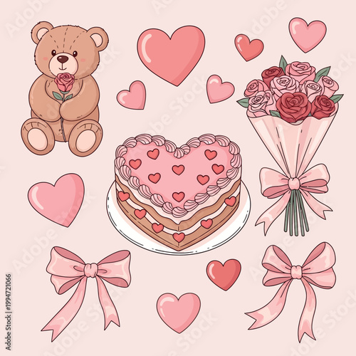 Valentine Teddy Bear Cake Hearts Romantic Clipart Set