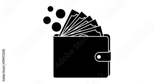 Black wallet with cash and coins.
