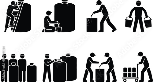 Illustration depicting various aspects of industrial work involving containers, liquid handling, and manual labor practices in a modern workplace setting, vector artwork showing workers, 