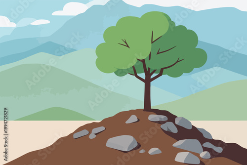 Tree on Rock Pile with Mountain Landscape Background