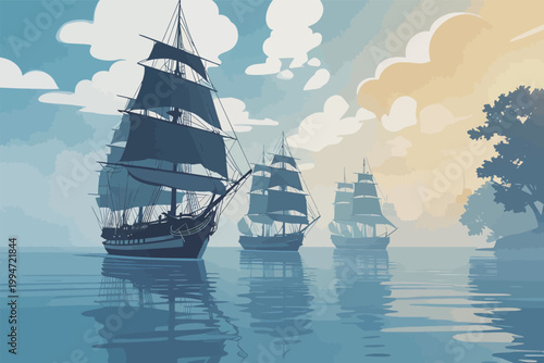 Three Sailing Ships on Calm Ocean Waters