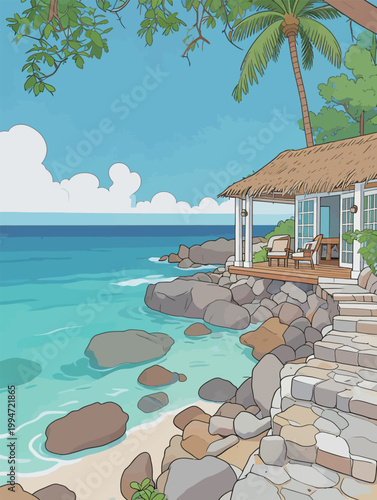 Tropical Beach Cottage with Thatched Roof by the Sea