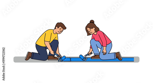 Two People Kneeling and Unfurling a Blue Medical Stretcher.