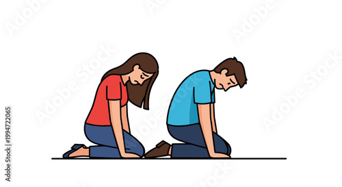 Two People Kneeling with Heads Bowed in Quiet Contemplation.