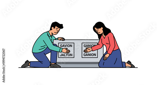 Two People Kneeling and Touching a Memorial Stone Illustration.