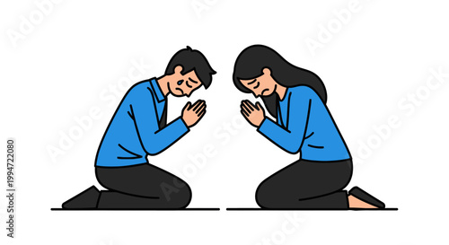 Two People Kneeling in Prayer with Hands Together, Praying.