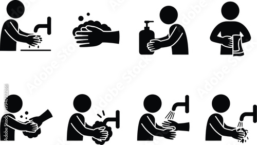 Illustration of proper handwashing technique featuring soap, water, and sanitizers to promote hygiene and health safety practices, vector artwork showing step-by-step hand cleaning process, ideal for 