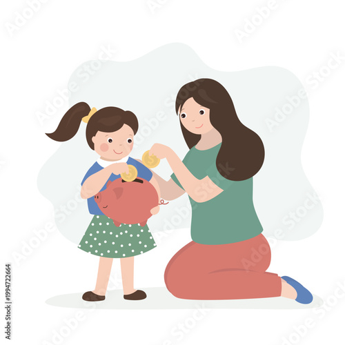 Mother and her young daughter happily put gold coins into pink piggy bank together. Family budgeting and teaching financial literacy to children. Good money management.