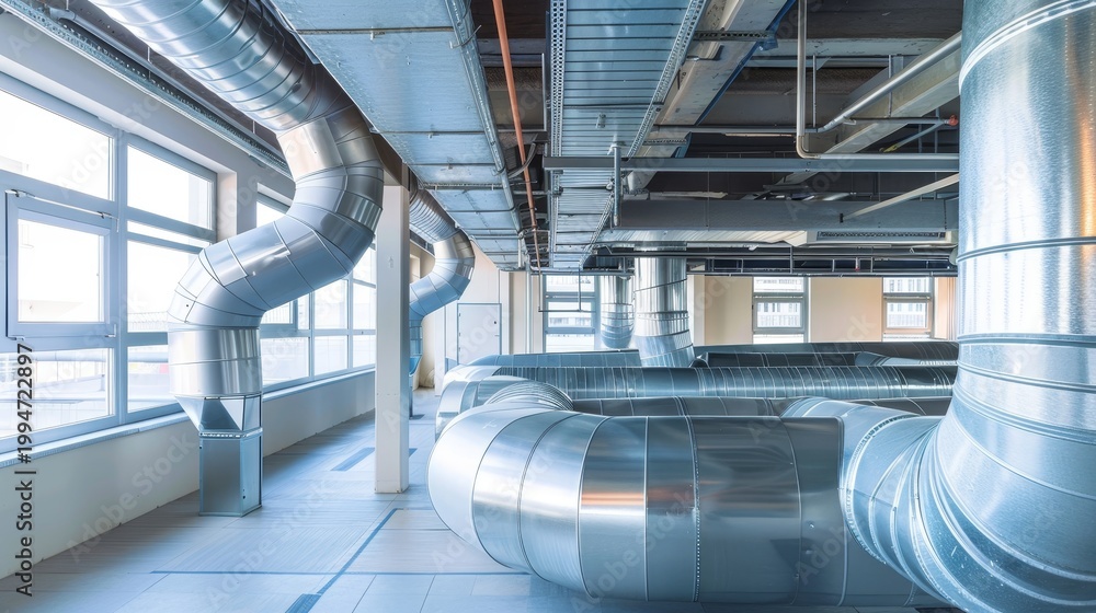 Naklejka premium Indoor scene showcasing a modern ventilation system, with a focus on air handling units and air ducts, illustrating HVAC technology and the role of air flow in indoor air quality and climate control