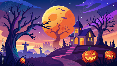 Halloween night with a full moon and spooky silhouettes