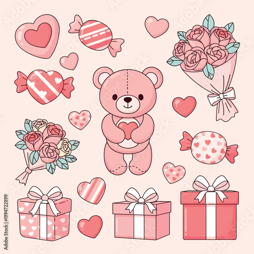 Valentine Teddy Bear Clipart Cute Love Elements Set