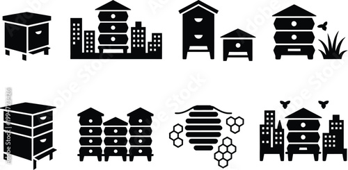 Illustrative collection of black and white hive structures and beekeeping equipment with urban background elements depicting honey production, vector illustration featuring beehives, frames, smokers, 