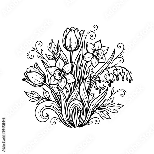 Black and White Floral Illustration with Tulip.