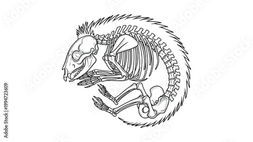 An illustration depicts a skeleton of a small animal curled up on a plain background.