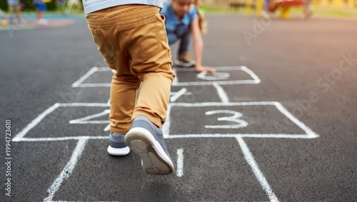 Two kids play hopscotch on a playground on a sunny day, one jumping and the other waiting in the background.