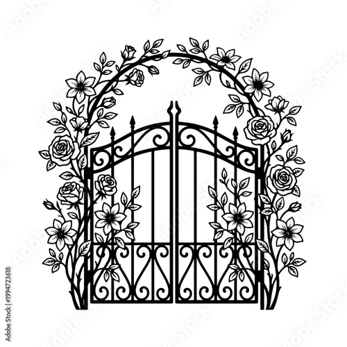 Ornate Black Metal Gate with Floral Details.