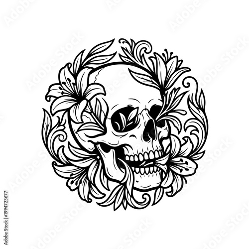 Skull Surrounded by Floral Ornate Design.
