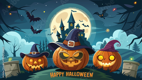 Halloween pumpkin with glowing face and spooky creatures in the night