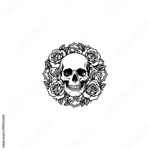Skull Surrounded by Roses and Leaves Illustration.