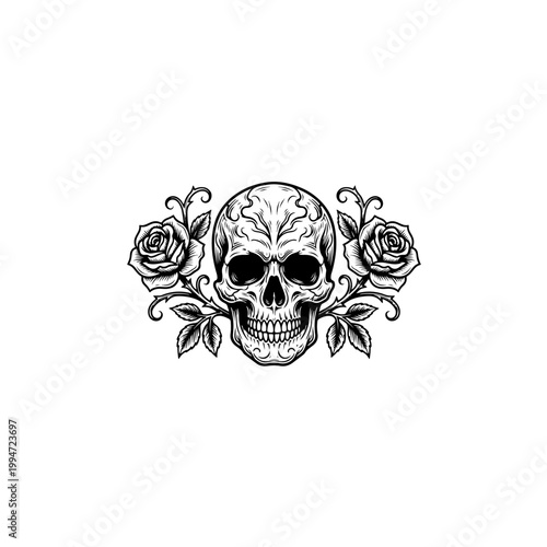 Skull with Roses and Leaves Illustration 1.