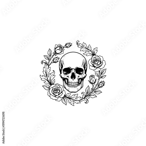 Skull Surrounded by Roses and Leaves Illustration 1.