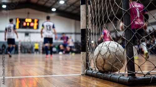 A close-up of a soccer ball resting inside an indoor goal net during a futsal match in a gymnasium with players and a scoreboard in the background.