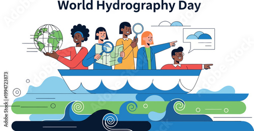 Tableau sur toile People on boat celebrate World Hydrography Day with globe and magnifying glass o