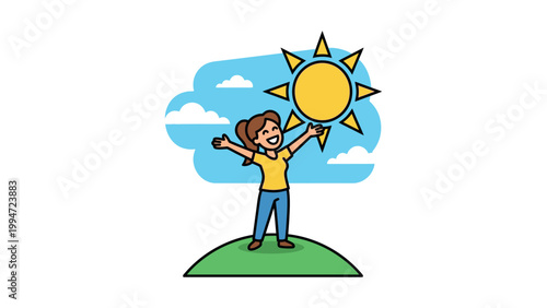Person holding sun up in blue sky with clouds on green hill