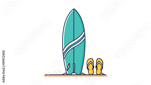 A turquoise surfboard stands upright on the sandy beach next to yellow flip flops.