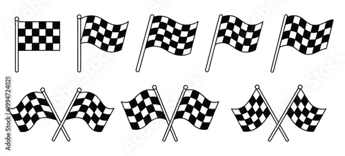 Racing checkered flag vector set in various poses, ideal for motorsport branding, racing badges, posters and high speed design concepts.