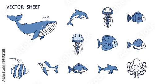 Blue ocean sea creatures vector set.