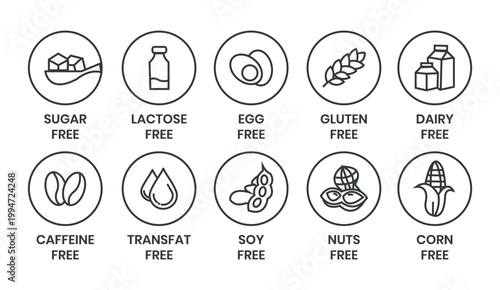 Set allergen free icons. Allergen free label products. Free lactose, gluten, sugar, corn, egg, trans fat, dairy, soy, nuts, caffeine, symbol, logo, badge, black, vector, isolated on white background.