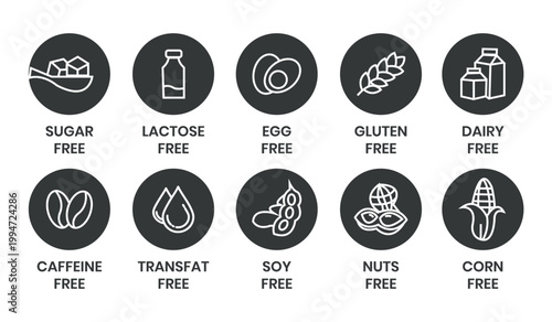 Set allergen free icons. Allergen free label products. Free lactose, gluten, sugar, corn, egg, trans fat, dairy, soy, nuts, caffeine, symbol, logo, badge, black, vector, isolated on white background.