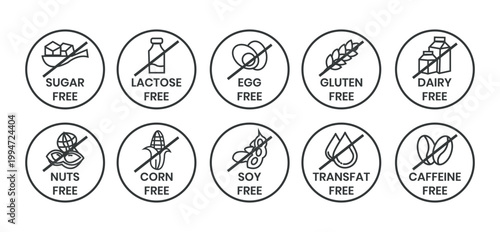Set allergen free icons. Allergen free label products. Free lactose, gluten, sugar, corn, egg, trans fat, dairy, soy, nuts, caffeine, symbol, logo, badge, black, vector, isolated on white background.