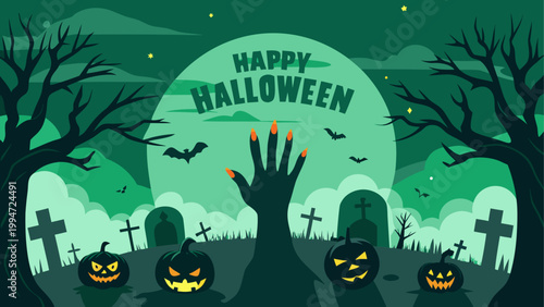 Halloween celebration with raised hands and jack-o-lanterns in background