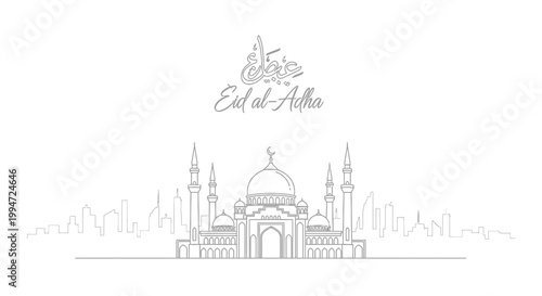 Eid al-Adha Islamic Mosque Skyline Calligraphy Minimalist Line Art White Background