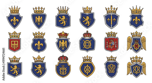 Collection of heraldic shields and crowns.