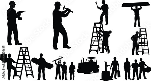 Construction workers performing various tasks