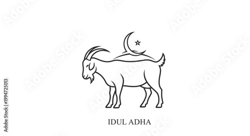 Eid al-Adha goat illustration with crescent moon and star, Islamic festival