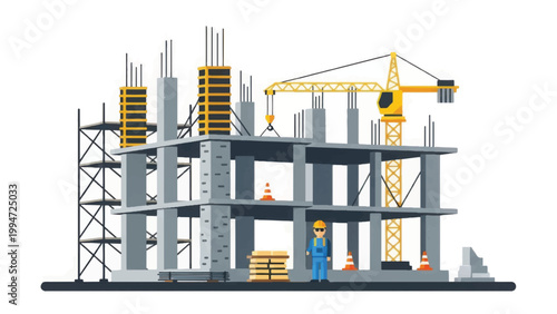 Construction Site Vector: Building Frame Structure, Tower Crane, Scaffolding, and Engineer Isolated on White