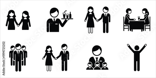 Black and white icon set depicting various people and interactions