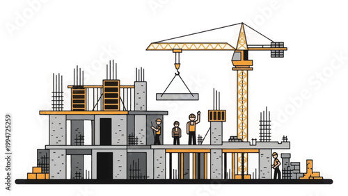 Building Construction Site Illustration with Crane and Workers. Hand-Drawn Doodle Sketch.