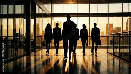 Group of business professionals walking through a spacious modern lobby with panoramic windows and city skyline at sunset, symbolizing teamwork, leadership, corporate success, and ambition.
