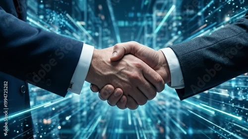 Close-up of two businessmen initiating a handshake in a digital futuristic environment. The moment symbolizes partnership, agreement, trust, and innovation in modern business and technology.