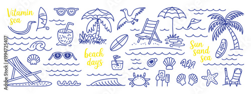 Tropical beach hand drawn vector set with summer elements like waves, palm trees, shells, crabs and surfboards, ideal for t shirts, vacation designs and creative projects.