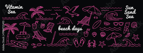 Tropical beach hand drawn vector set with summer elements like waves, palm trees, shells, crabs and surfboards, ideal for t shirts, vacation designs and creative projects.